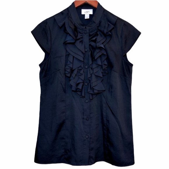 LOFT Tops - Ann Taylor Loft Cap Sleeve Navy Button Up Ruffle Blouse Size Small